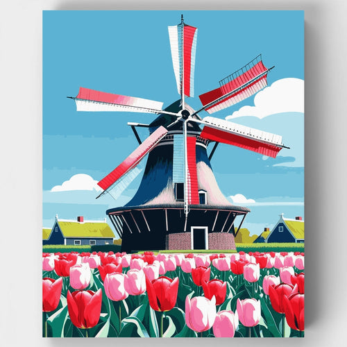 Dutch Windmill with Tulips - Paint by Numbers Kit