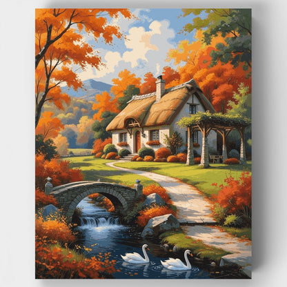 Autumn Cottage by the Stream - Paint by Numbers Kit