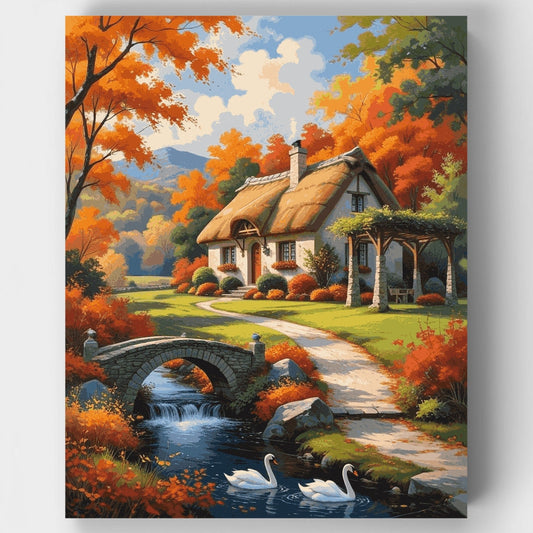 Autumn Cottage by the Stream - Paint by Numbers Kit