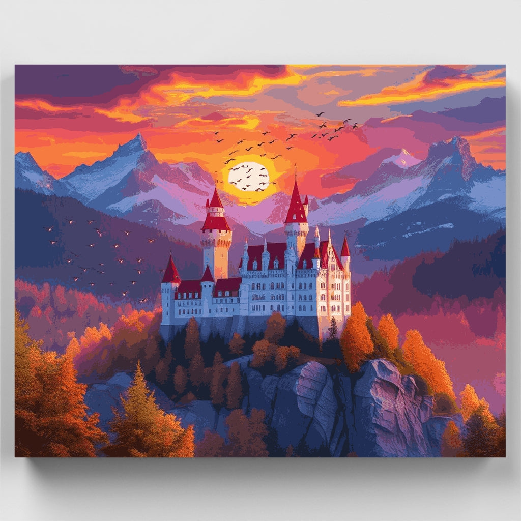 Majestic Alpine Castle at Golden Sunset - Paint by Numbers Kit