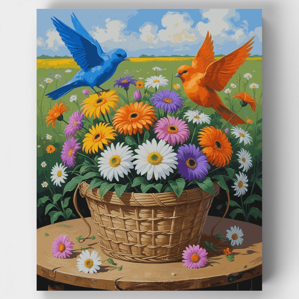 Colorful Gerbera Daisies with Flying Birds - Paint by Numbers Kit