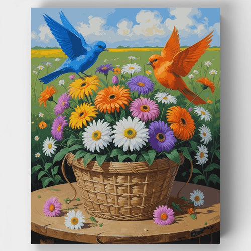 Colorful Gerbera Daisies with Flying Birds - Paint by Numbers Kit