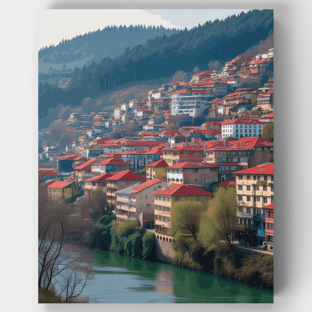 Hillside Town with Red Roofs by River - Paint by Numbers Kit