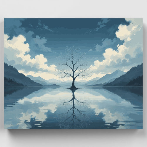Serene Lake with Lone Tree Reflection - Paint by Numbers Kit