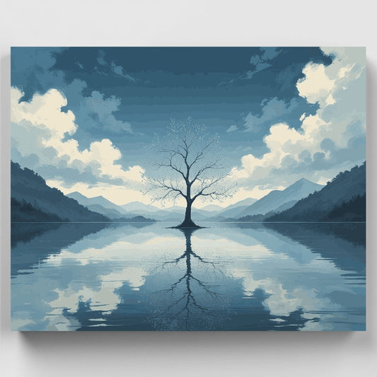 Serene Lake with Lone Tree Reflection - Paint by Numbers Kit