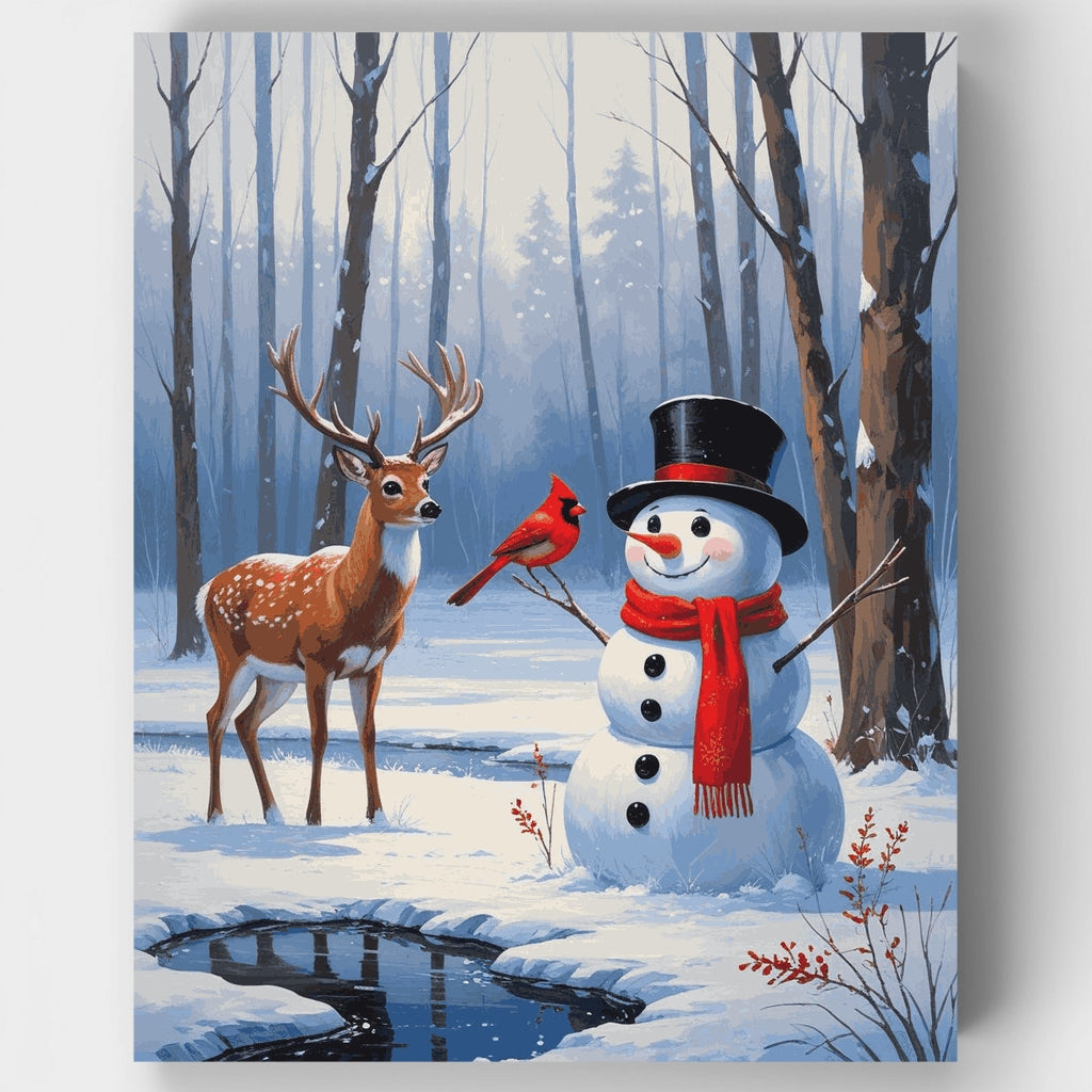 Winter Forest Snowman and Deer - Paint by Numbers Kit
