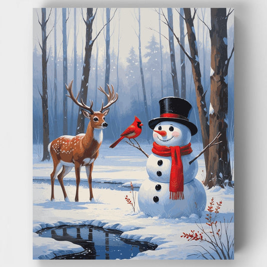 Winter Forest Snowman and Deer - Paint by Numbers Kit