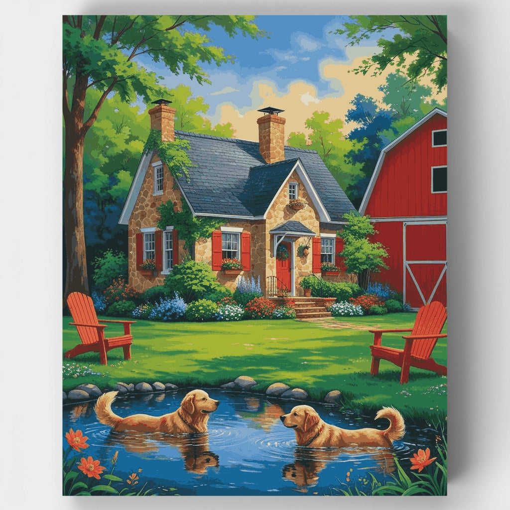 Cottage Paradise with Golden Retrievers - Paint by Numbers Kit