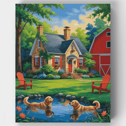 Cottage Paradise with Golden Retrievers - Paint by Numbers Kit