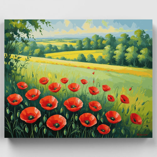 Red Poppies in Countryside Meadow - Paint by Numbers Kit