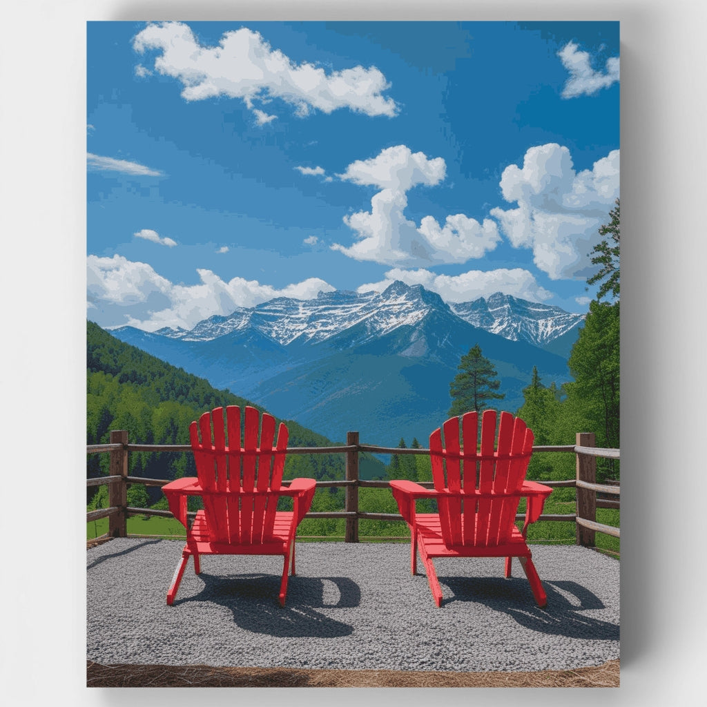 Vista a la montaña con sillas Adirondack rojas - Kit de pintura por números — Estándar