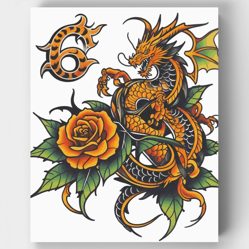 Kit de pintura por números: Dragón y rosa naranja — Estándar