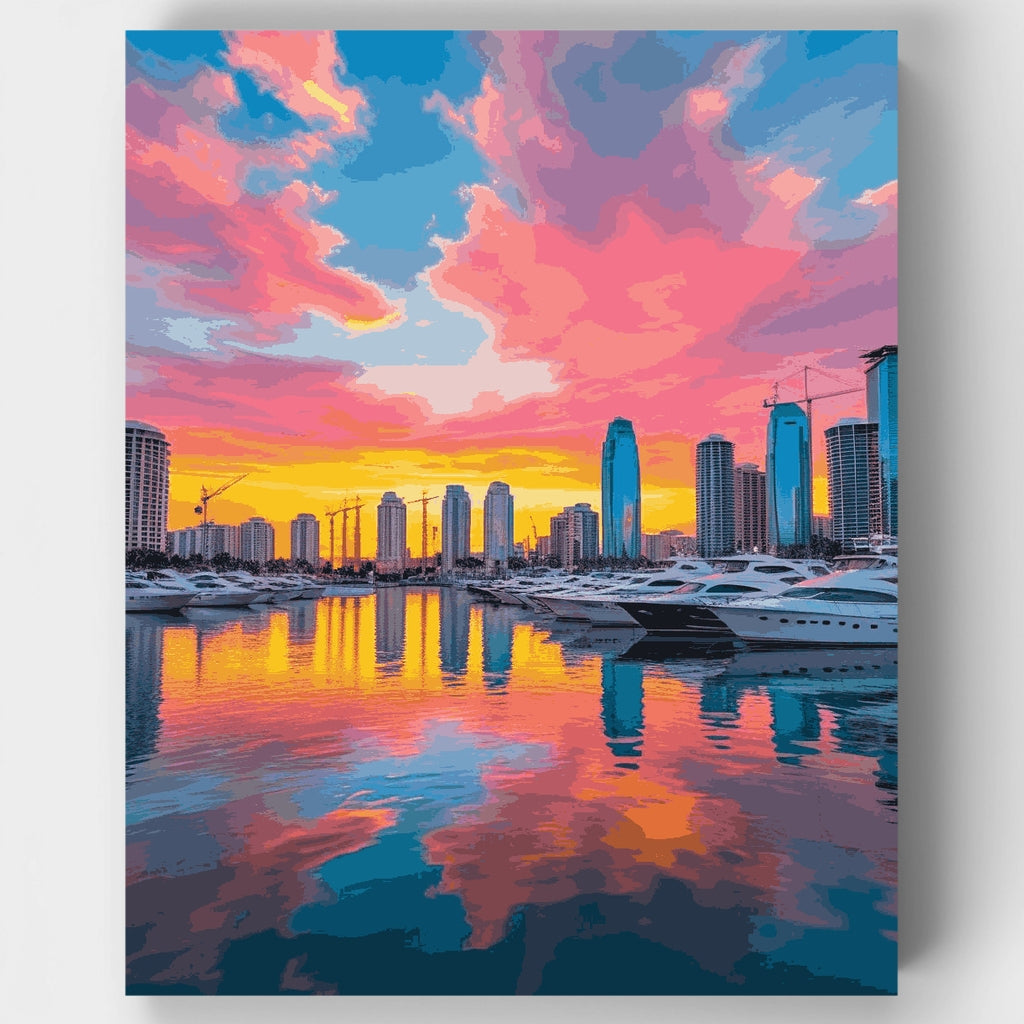 Kit de pintura por números - Paisaje urbano al atardecer en la marina — Estándar