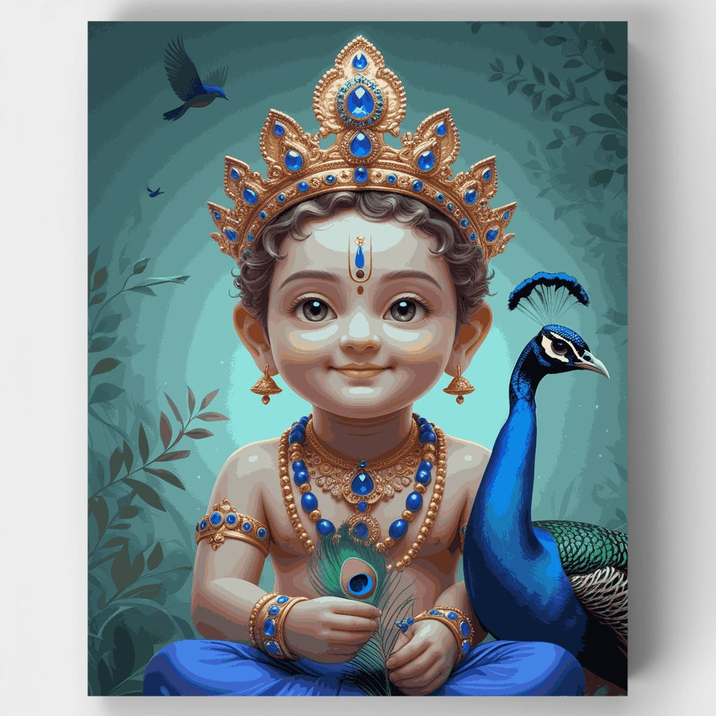 Kit de pintura por números: Bebé Krishna con pavo real — Estándar