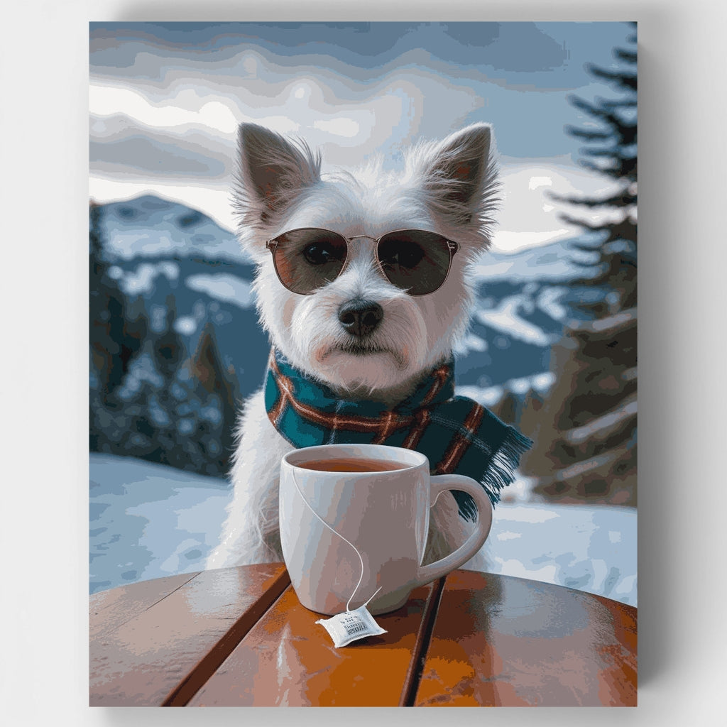 Yorkie elegante con té en montañas invernales - Kit de pintura por números — Estándar