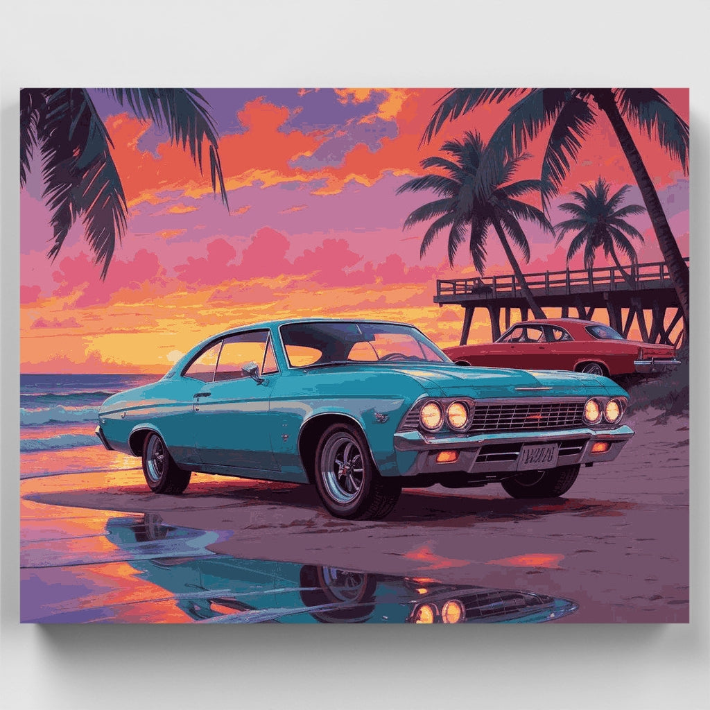 Kit de pintura por números: Atardecer en la playa con Chevelle turquesa — Estándar