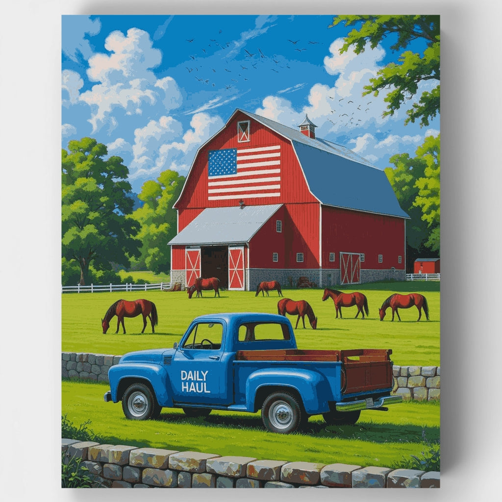 Granja americana con granero rojo y caballos - Kit de pintura por números — Estándar