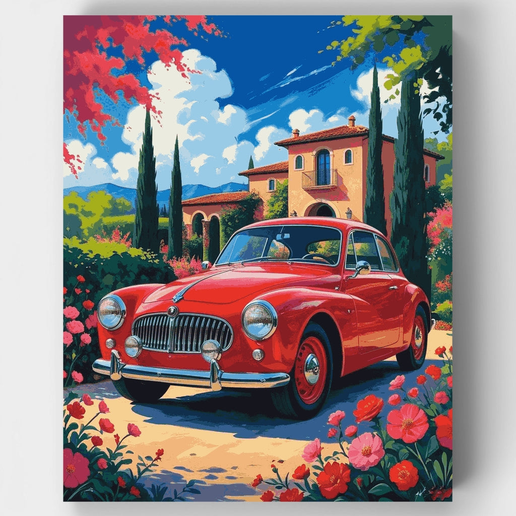 Coche rojo antiguo en el jardín de una villa toscana - Kit de pintura por números — Estándar