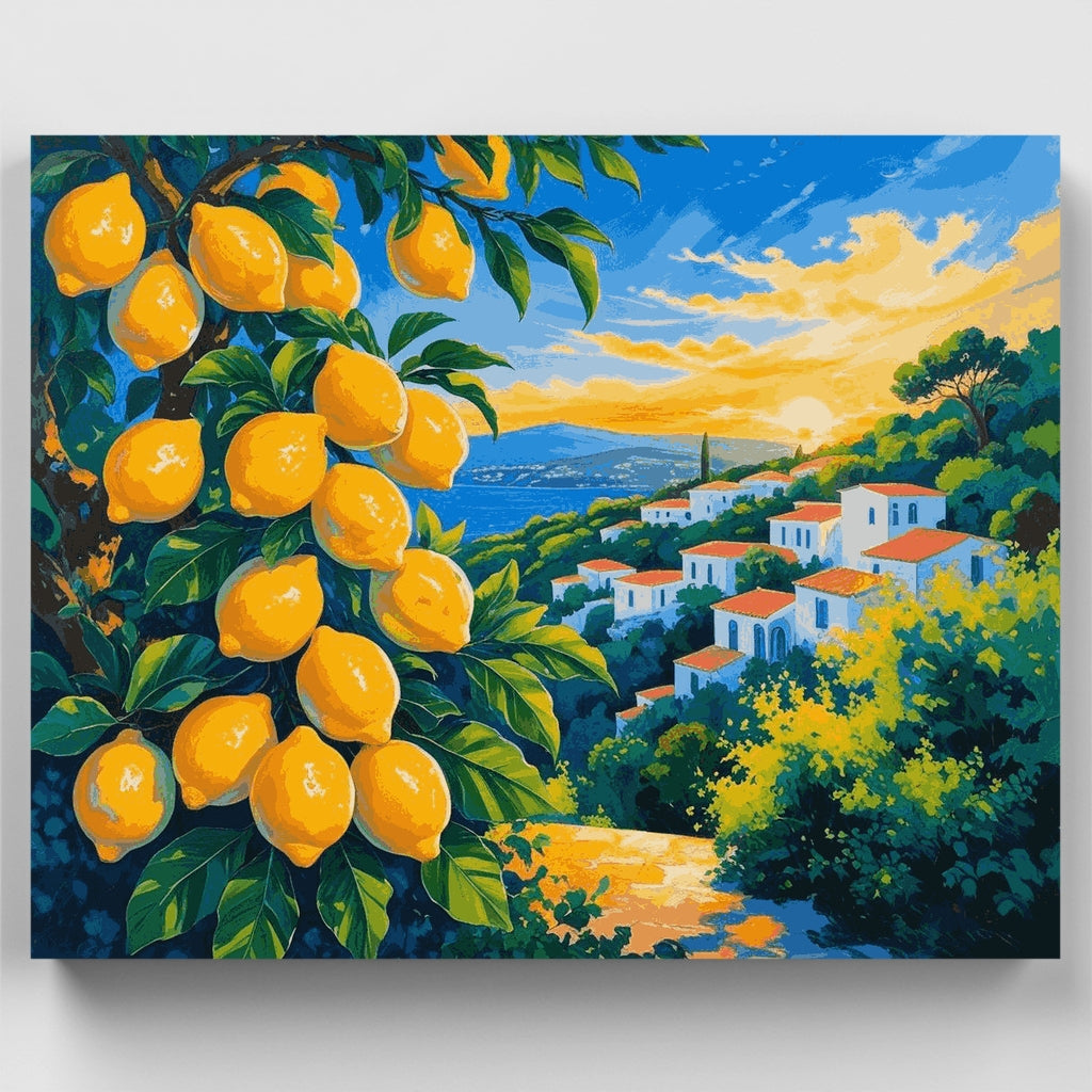 Kit de pintura por números: Atardecer en un limonar mediterráneo — Estándar