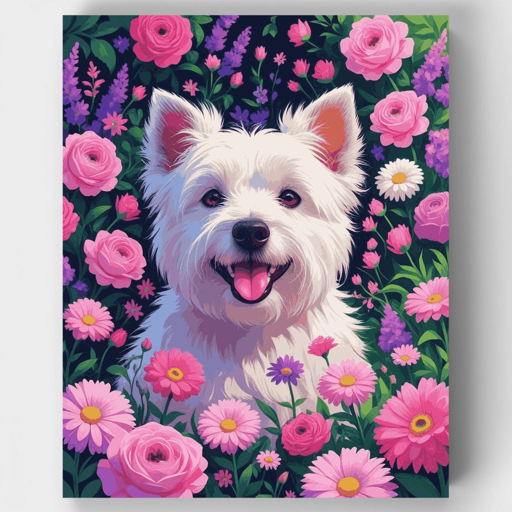 Westie en un jardín floreciente - Kit de pintura por números — Estándar