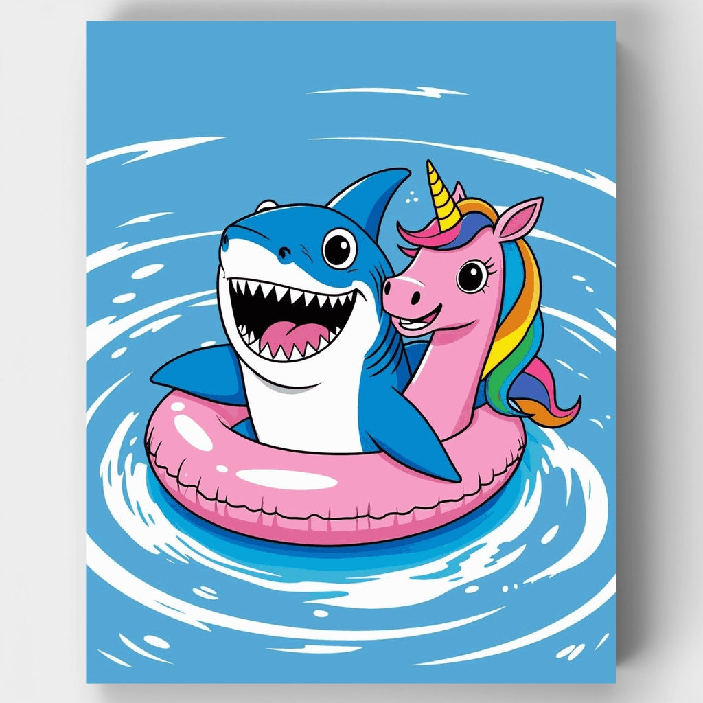 Kit de pintura por números: Aventura en flotador de tiburón y unicornio — Estándar