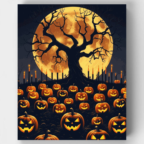 Halloween Pumpkin Patch Under Full Moon - Paint by Numbers Kit