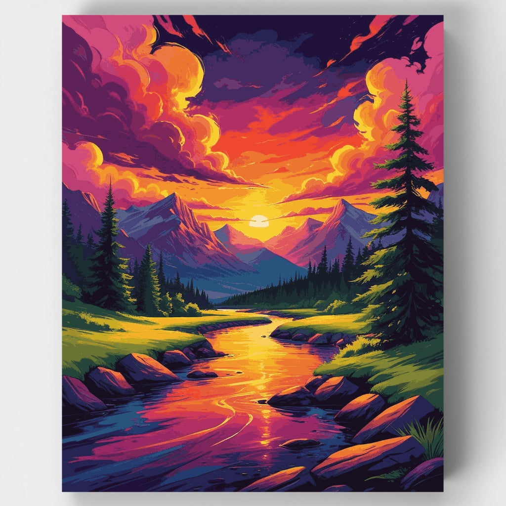Kit de pintura por números - Atardecer en el río de montaña — Estándar