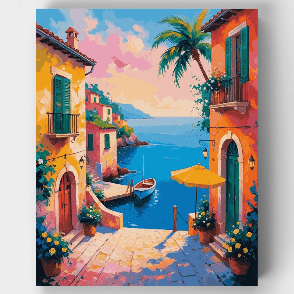 Paraíso mediterráneo frente al mar con palmeras - Kit de pintura por números — Estándar