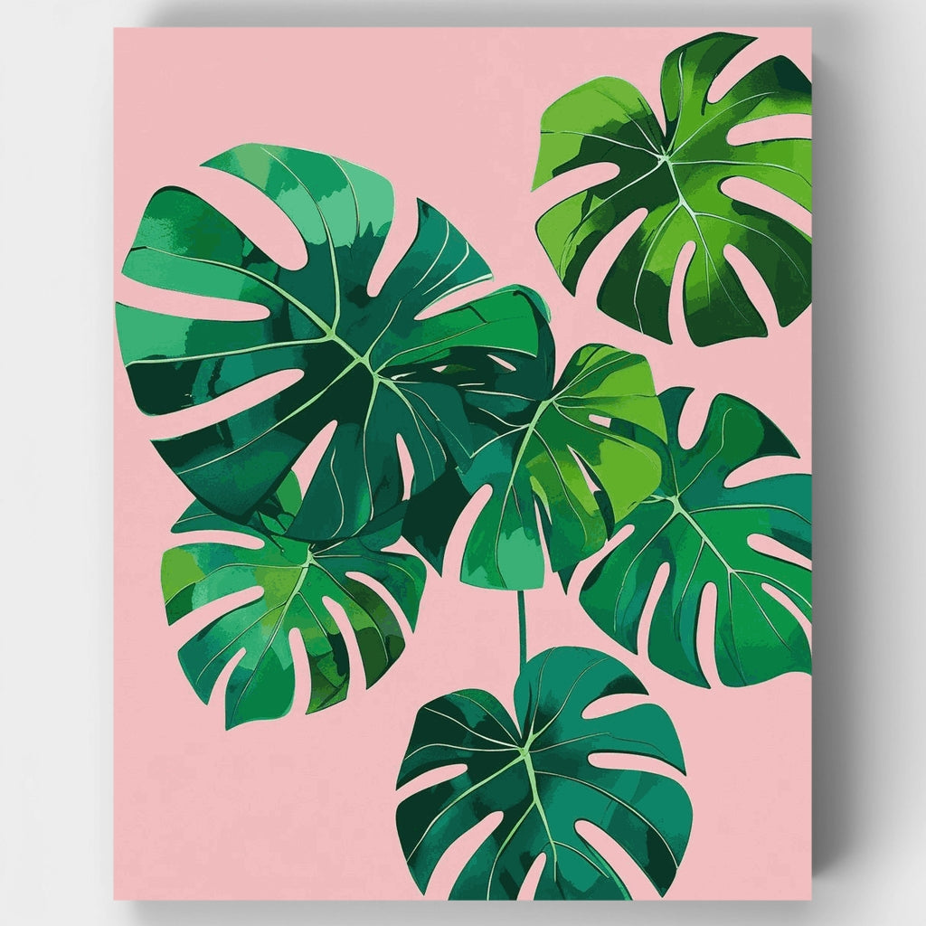 Kit de pintura por números: Hojas de Monstera tropical sobre fondo rosa — Estándar