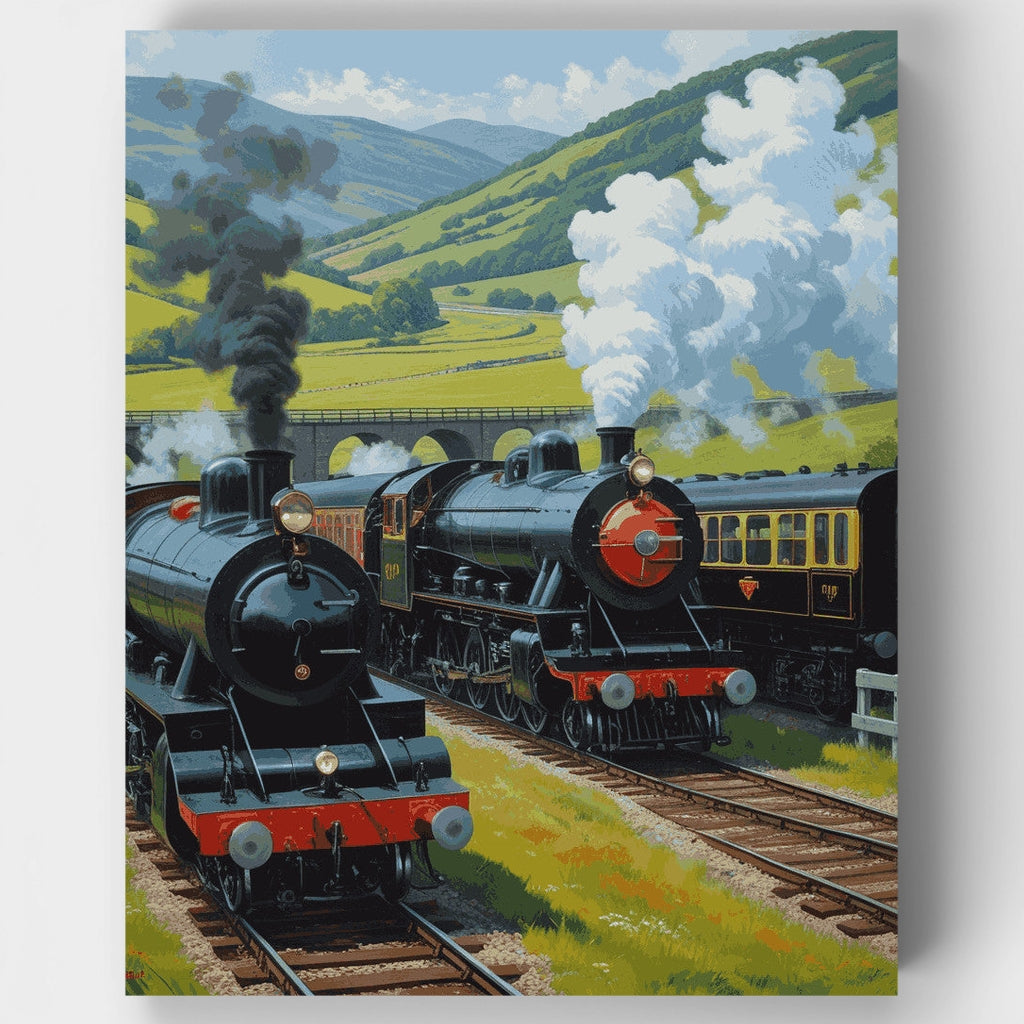 Locomotoras de vapor en el valle - Kit de pintura por números — Estándar