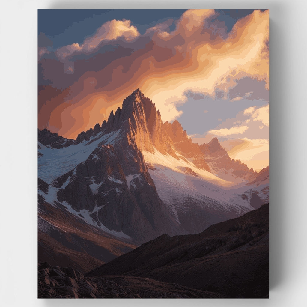 Kit de pintura por números: Majestuosa cima de montaña al atardecer — Estándar