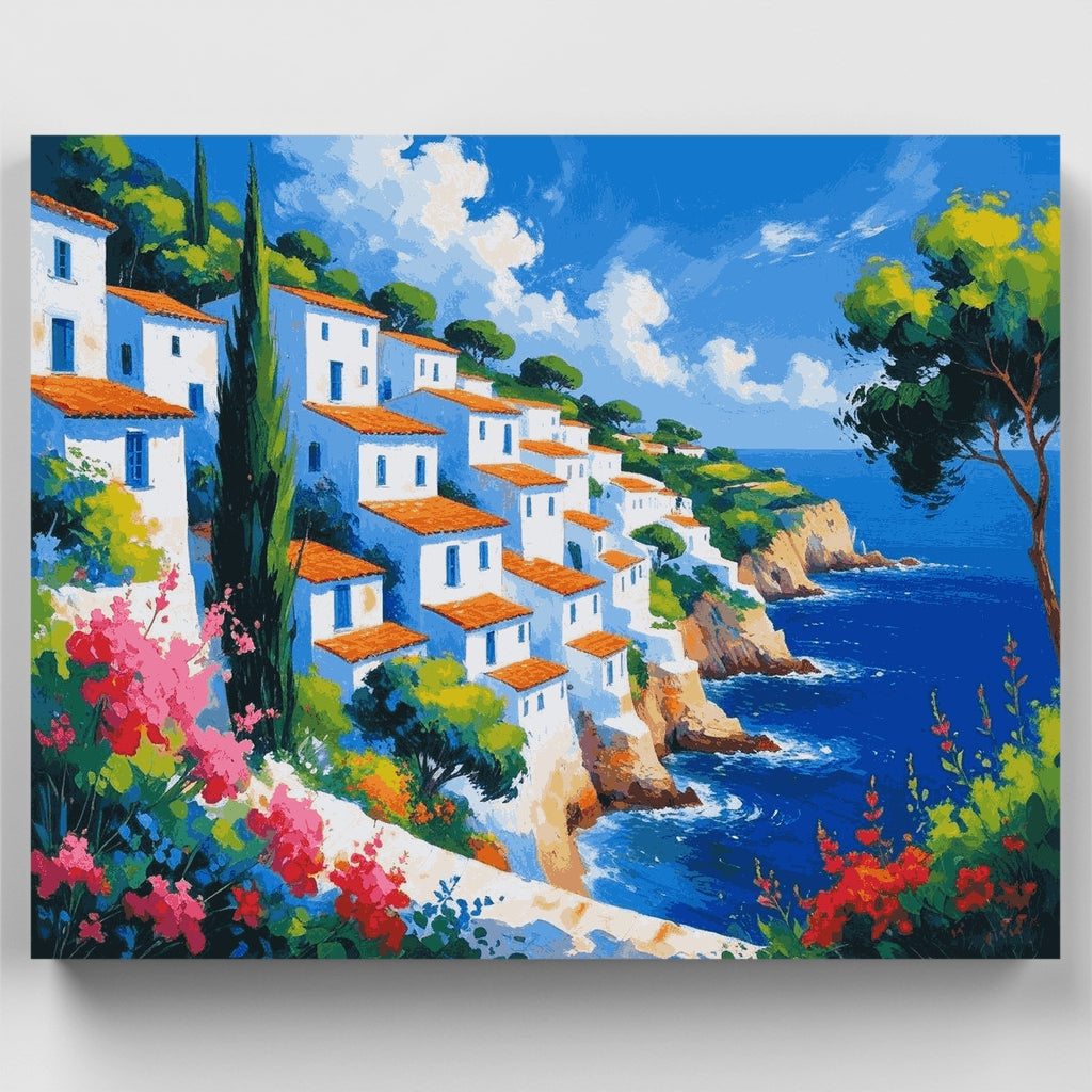 Kit de pintura por números: Terraza de villa mediterránea junto al mar — Estándar