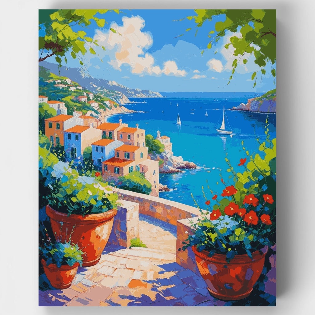 Kit de pintura por números - Vista desde la terraza de un pueblo costero mediterráneo — Estándar