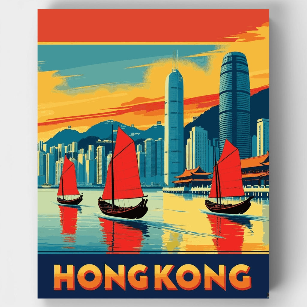 Puerto de Hong Kong con juncos de vela roja - Kit de pintura por números — Estándar