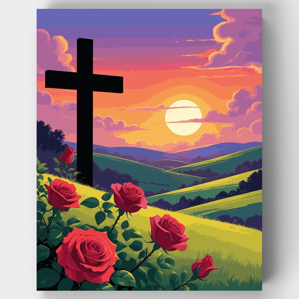 Sunset Cross with Roses - Paint by Numbers Kit