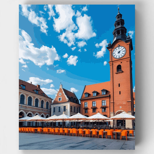 European Town Square with Clock Tower - Paint by Numbers Kit