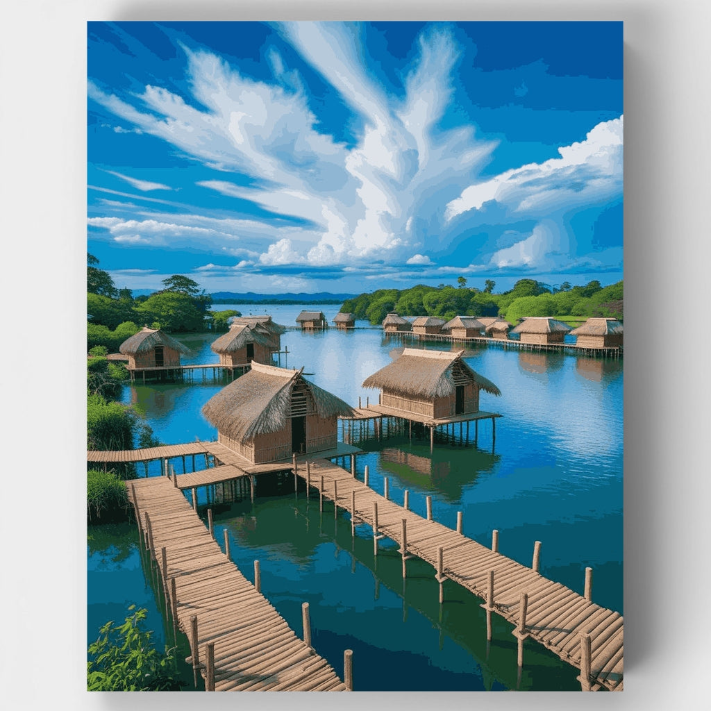 Paraíso de bungalows tropicales sobre el agua - Kit de pintura por números — Estándar