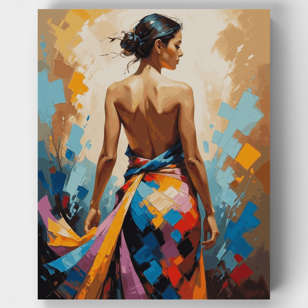 Mujer abstracta con vestido geométrico colorido - Kit de pintura por números — Estándar