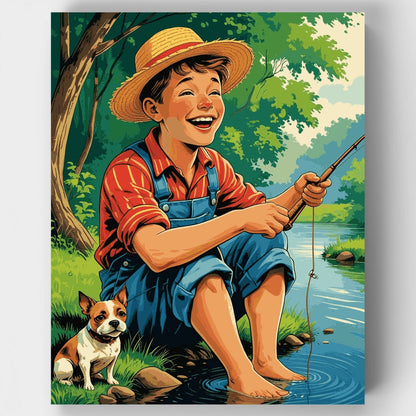 Fishing Boy with Dog - Paint by Numbers Kit