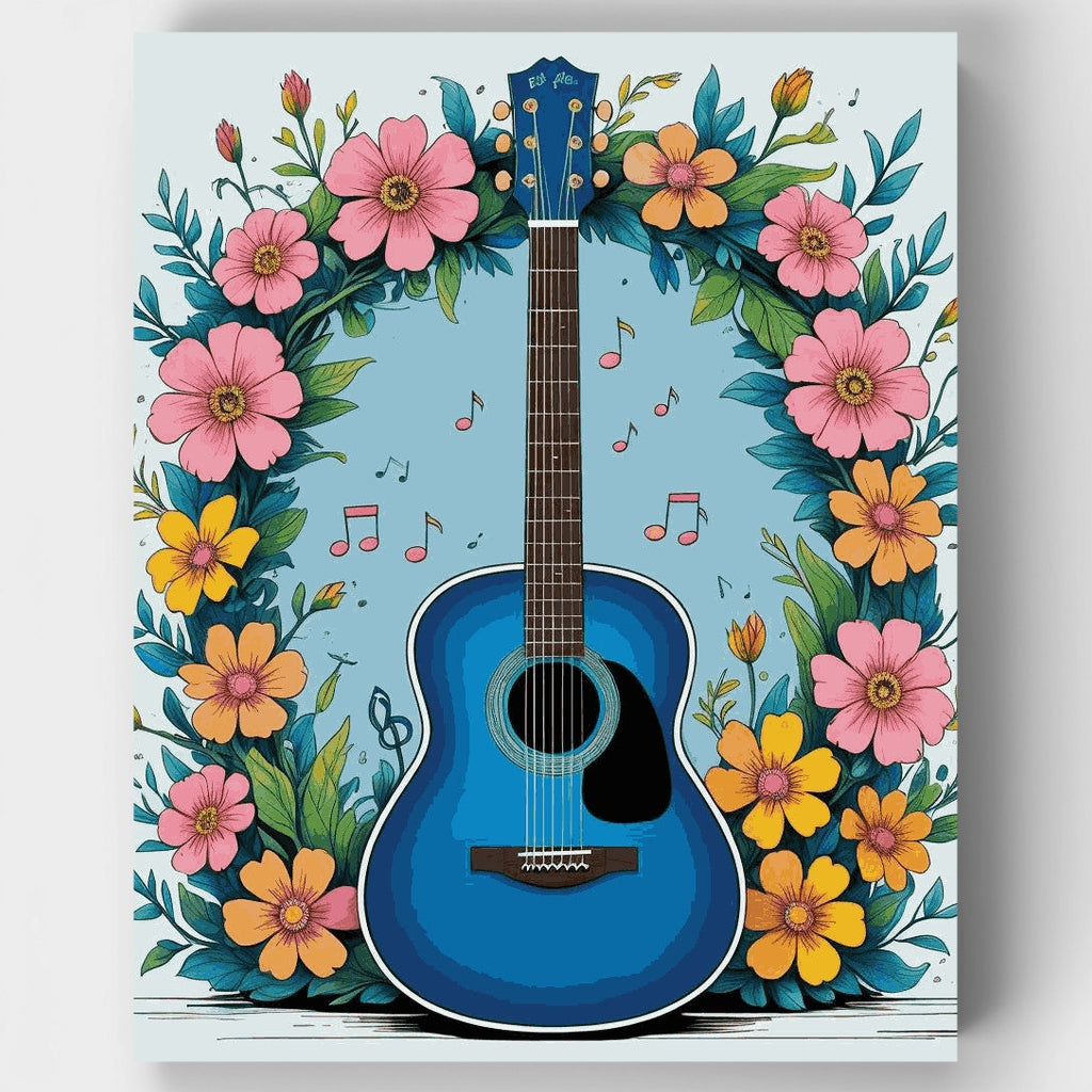 Guitarra azul con corona floral - Kit de pintura por números — Estándar