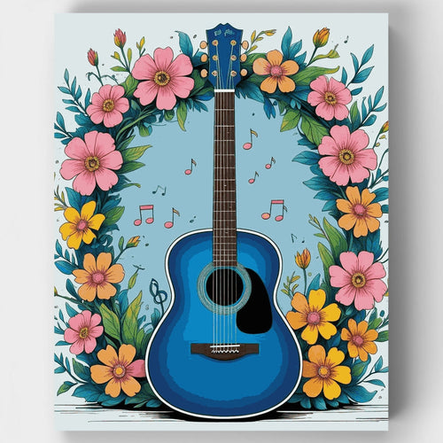 Blue Guitar with Floral Wreath - Paint by Numbers Kit