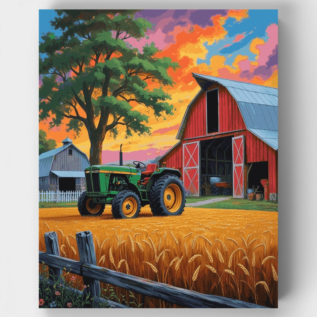 Kit de pintura por números: Escena de tractor en la granja al atardecer — Estándar