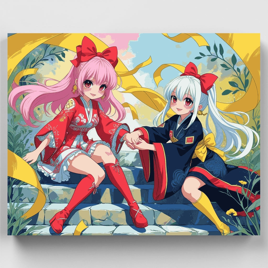 Chicas de anime en kimono tradicional japonés - Kit de pintura por números — Estándar