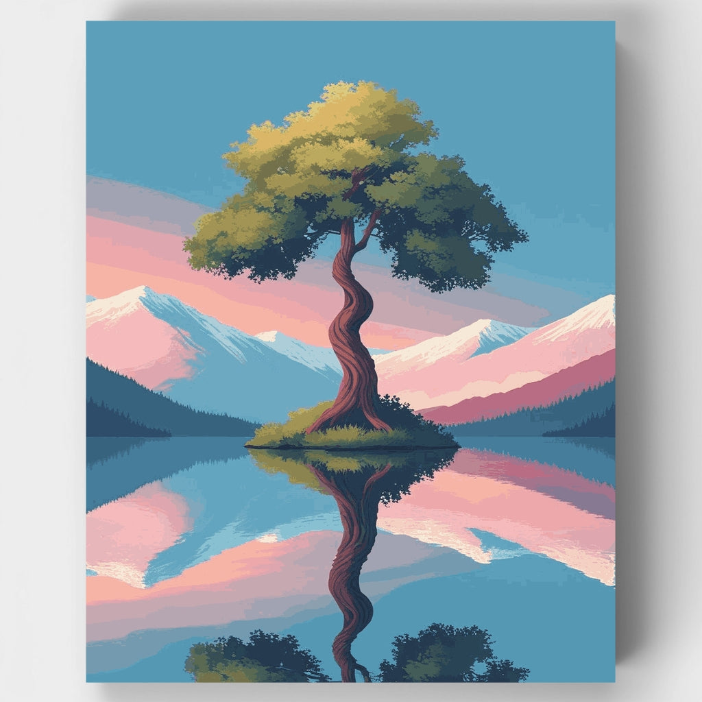 Reflejo de montaña con árbol retorcido místico - Kit de pintura por números — Estándar