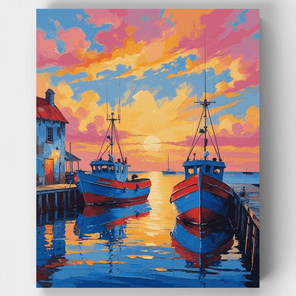 Atardecer en el puerto con barcos pesqueros - Kit de pintura por números — Estándar
