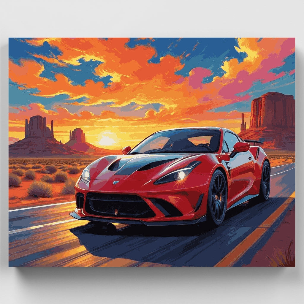 Kit de pintura por números: Coche de ensueño al atardecer en el desierto — Estándar