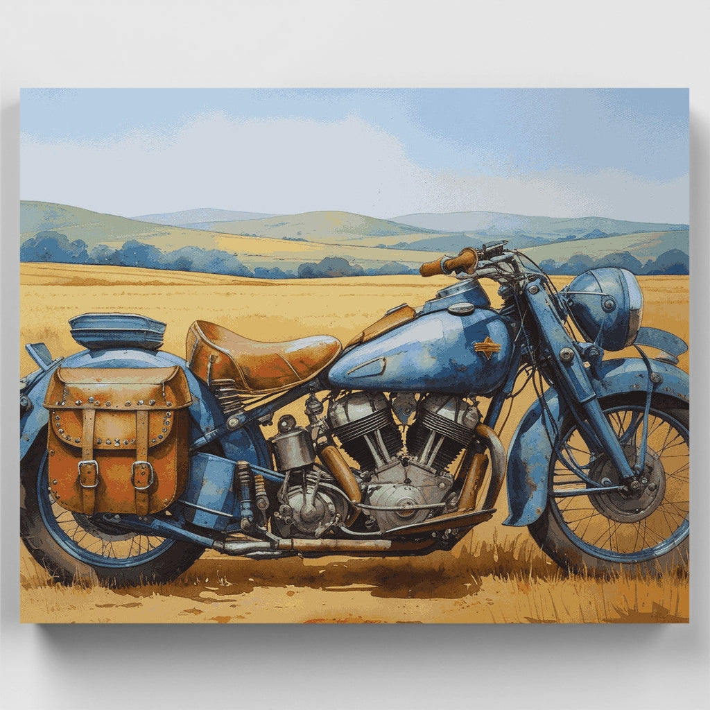 Motocicleta azul vintage en la pradera - Kit de pintura por números — Estándar