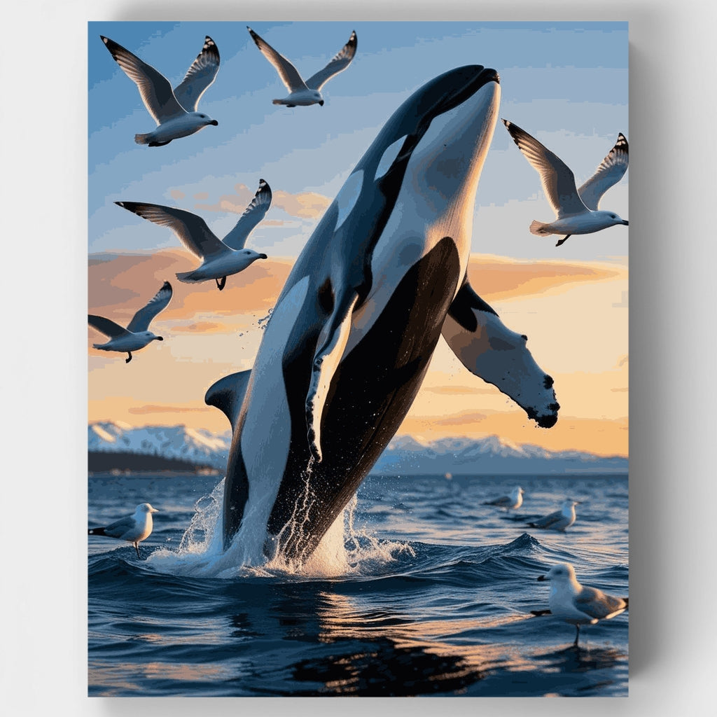 Kit de pintura por números - Orca saltando con gaviotas — Estándar