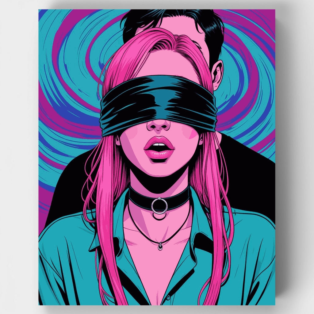 Kit de pintura por números: mujer con los ojos vendados y cabello rosa, estilo pop art — Estándar