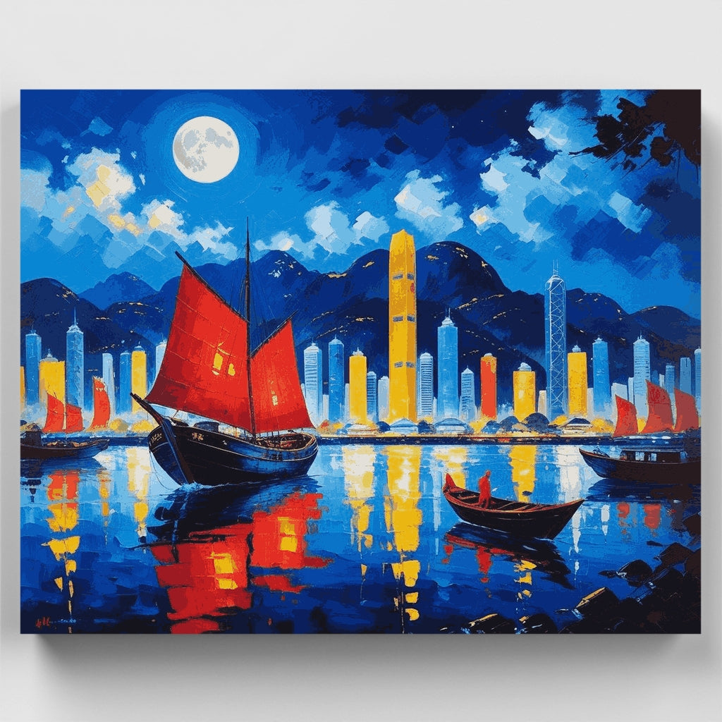Escena nocturna del puerto de Hong Kong - Kit de pintura por números — Estándar